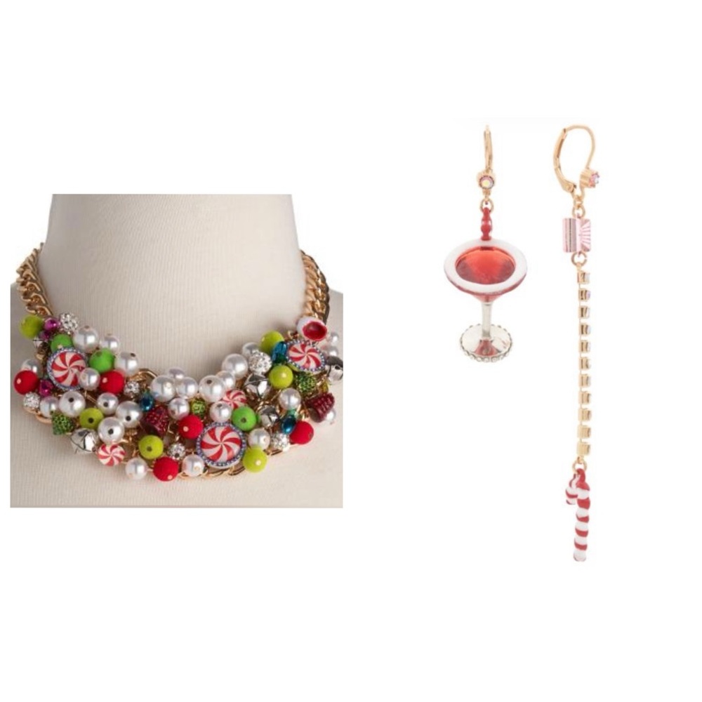 BETSEY JOHNSON SET Christmas Candy Faux Pearl Charm Necklace & Earrings NEW NWT